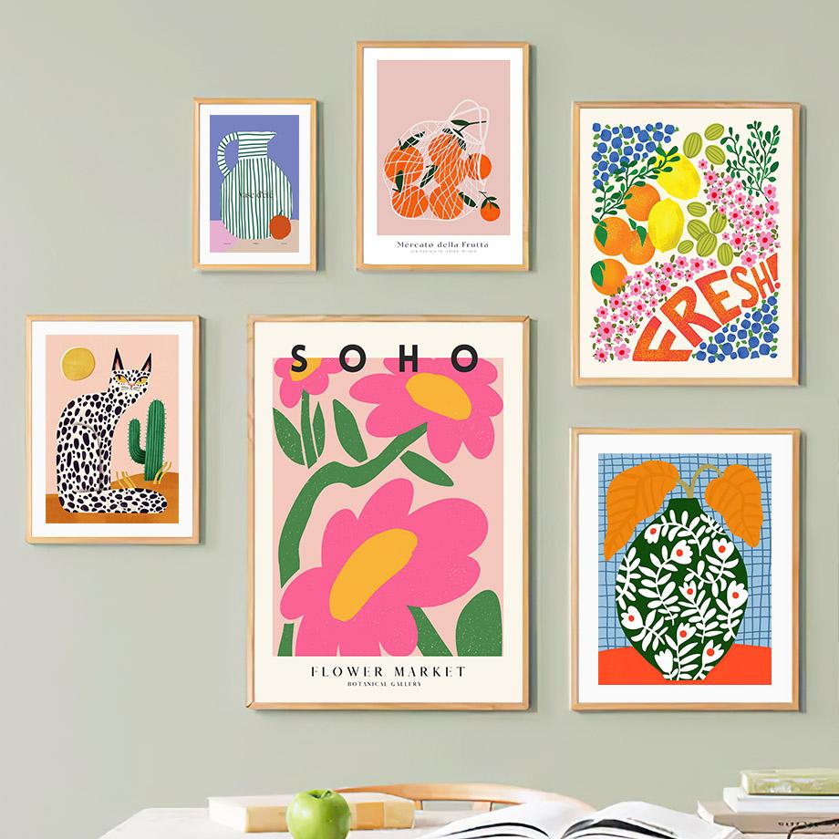 Boho Vas Blommor Katt Citron Frukt Abstrakta Affischer Och Tryck Väggkonst Kanvasmålning Hotell Bar Bild för Vardagsrumsinredning