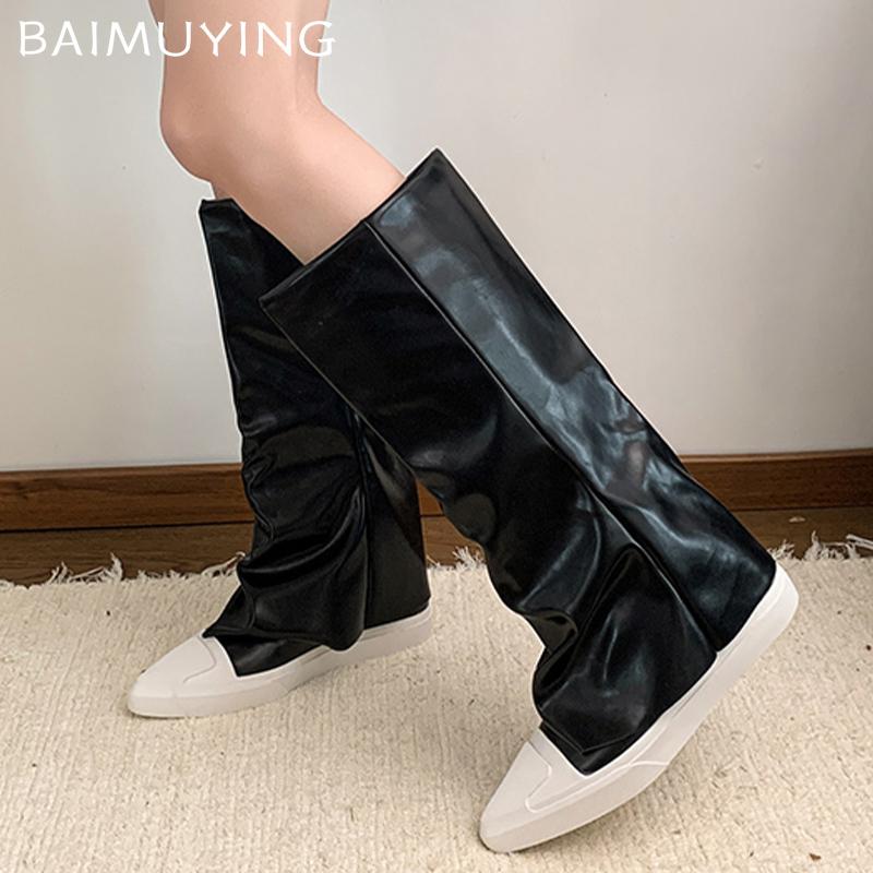 Flats Women High Boots Leather Pointed Toe Designer Fashion Shoes 2025 Trend Winter New Brand Goth Motorcycle Botas De Mujer