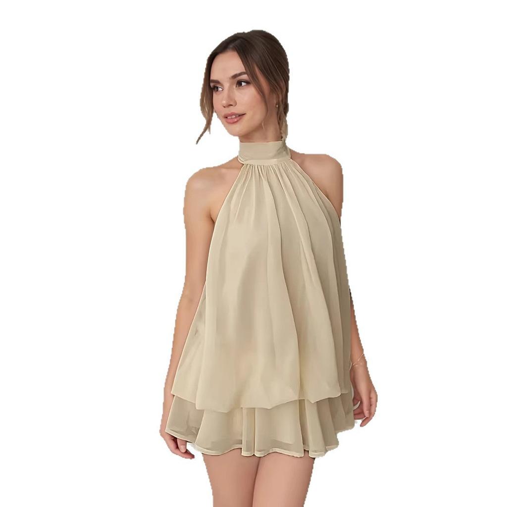 European and American new solid color holiday slim-fitting sexy backless neck waist top fluffy short skirt dress women