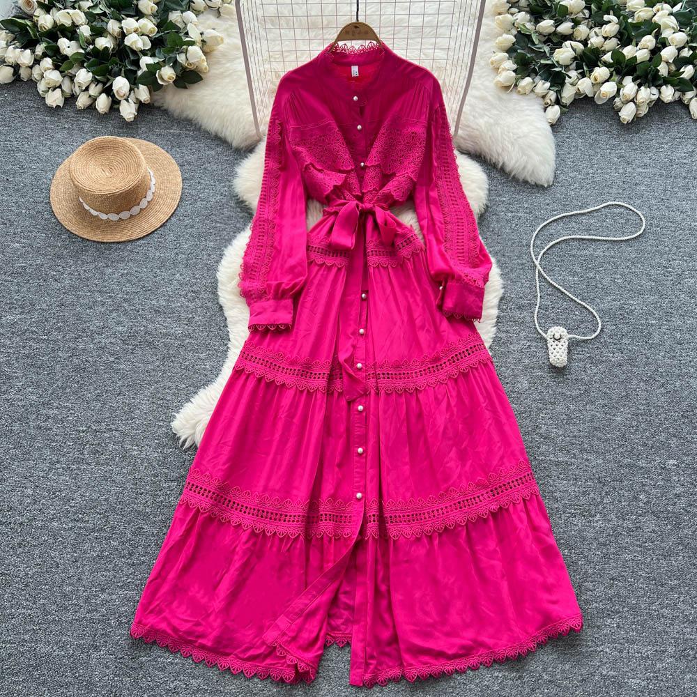 Retro court style lantern sleeve dress women's summer hollow crochet single-breasted light mature temperament royal sister long skirt