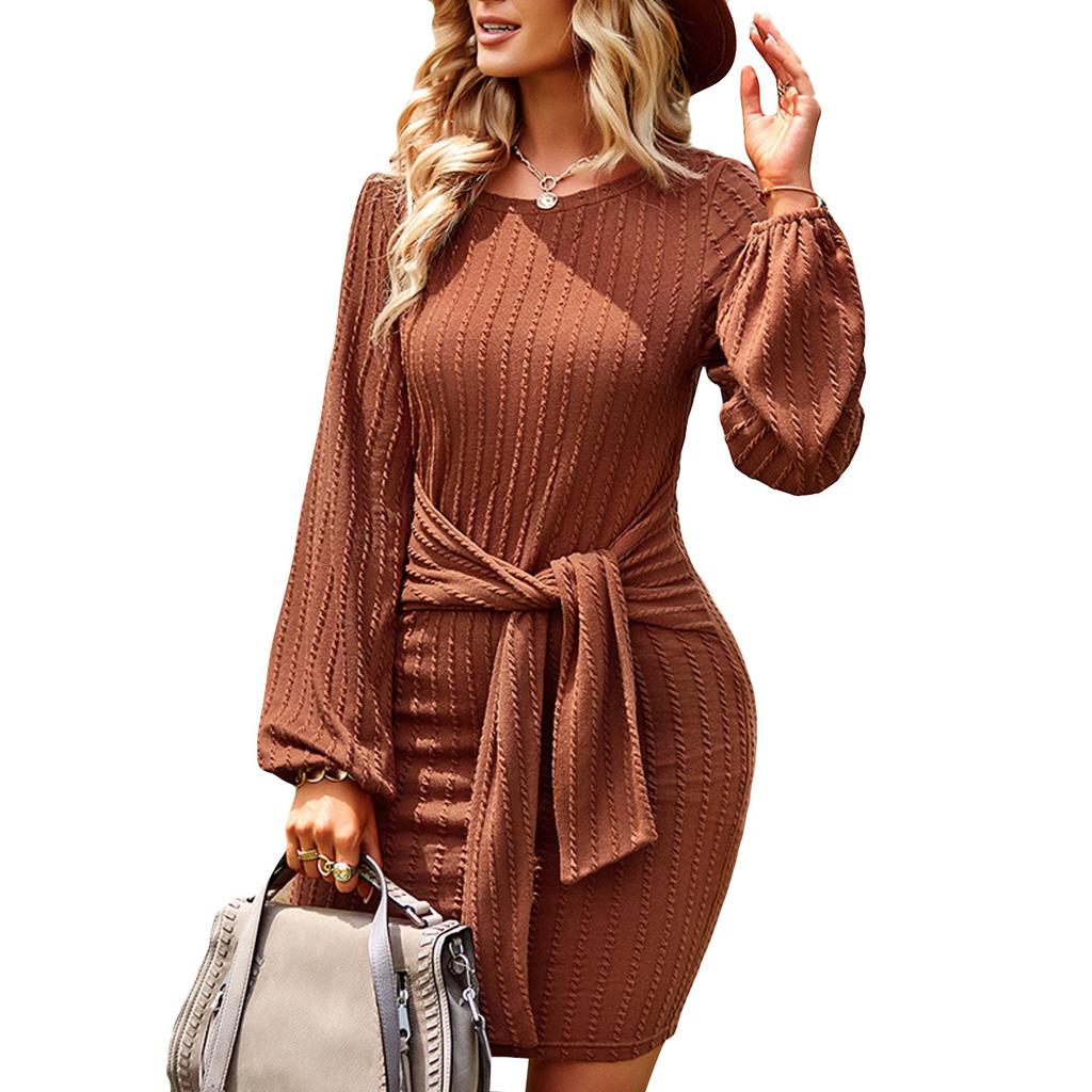 Women O-Neck Long Sleeve Knit Stretchable Elasticity Slim Sweater Bodycons Sweater Dress