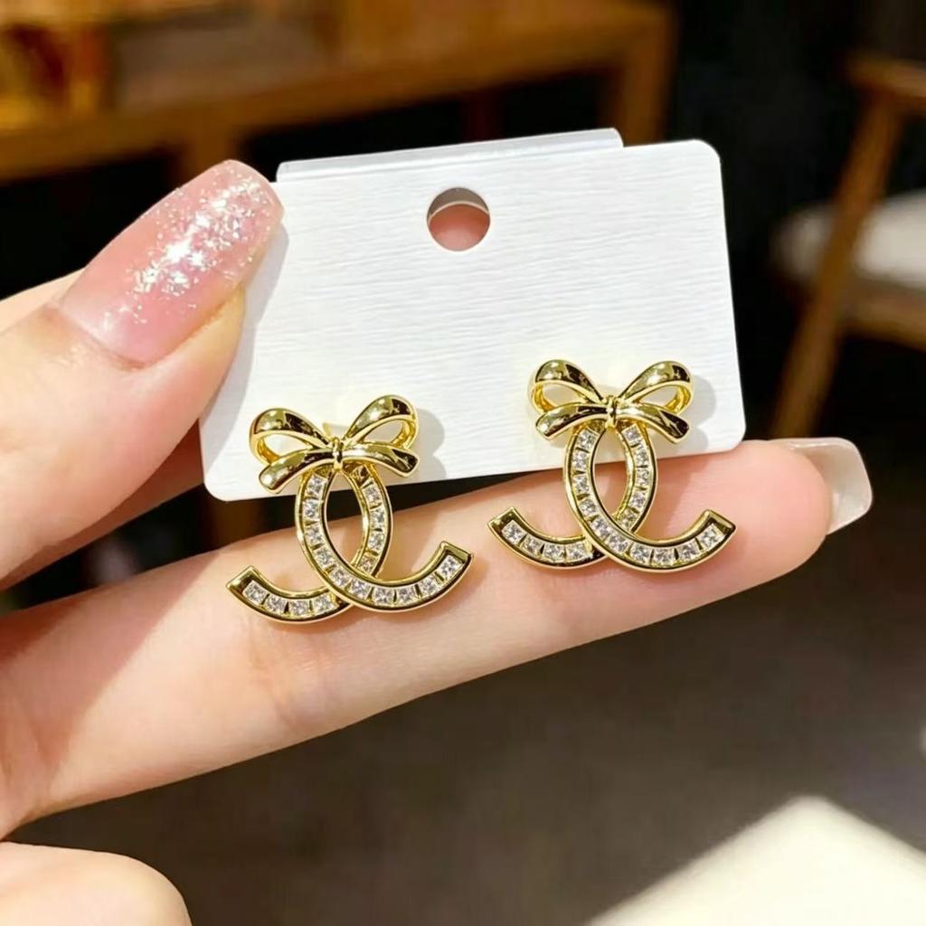 Women Small Luxury Double C Full Rhinestone Butterfly Stud Earrings Fashion Jewelry