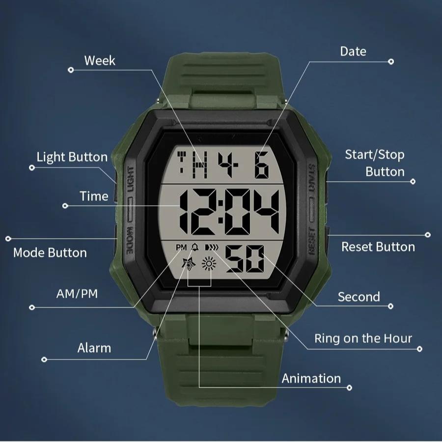 Men Digital Watch Outdoor Sports Multifunctional Waterproof Shock Resistant Large Screen Display Luminous Wristwatch