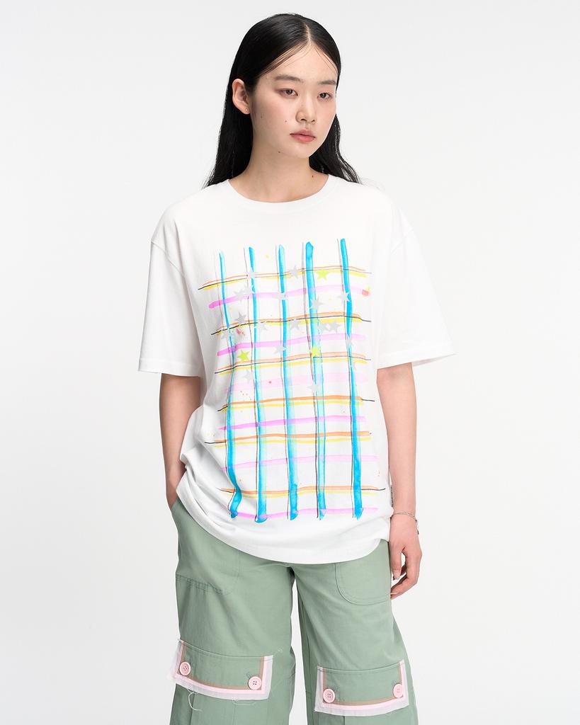 THEMUSEUMVISITOR Check Printed Oversized T-Shirt (White)