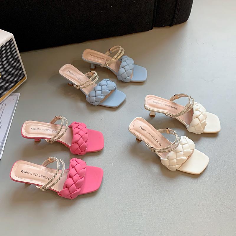 Luxury Slides Women High Heels Mules Fetish Pumps Individual Weave Leisure Blue Office Ladies Prom Slippers Women's Shoes