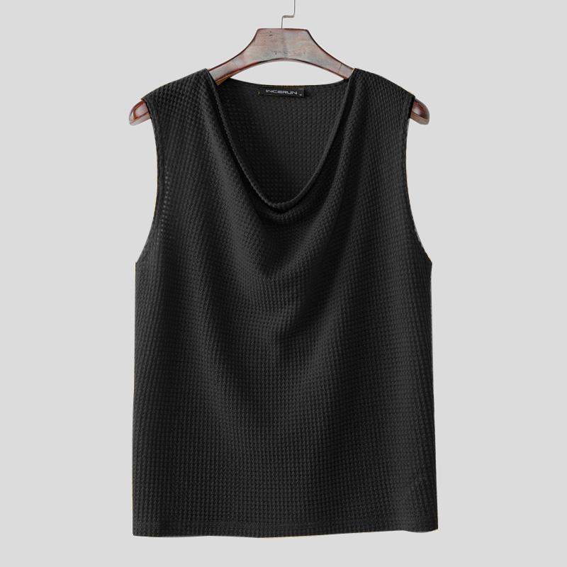 INCERUN Men Swing Collar Sleeveless Semi-Sheer Waffle Texture Fitted Tank Tops