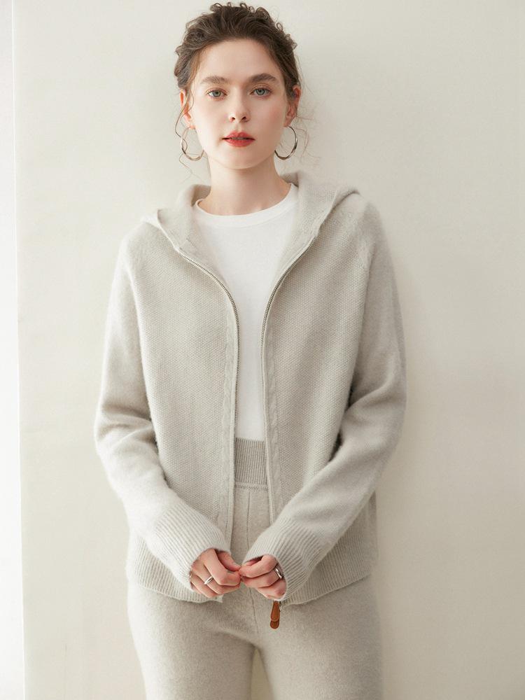 Women's 2026 Autumn/Winter Cashmere Hooded Sweater: Gentle Style Double Zipper Jacket