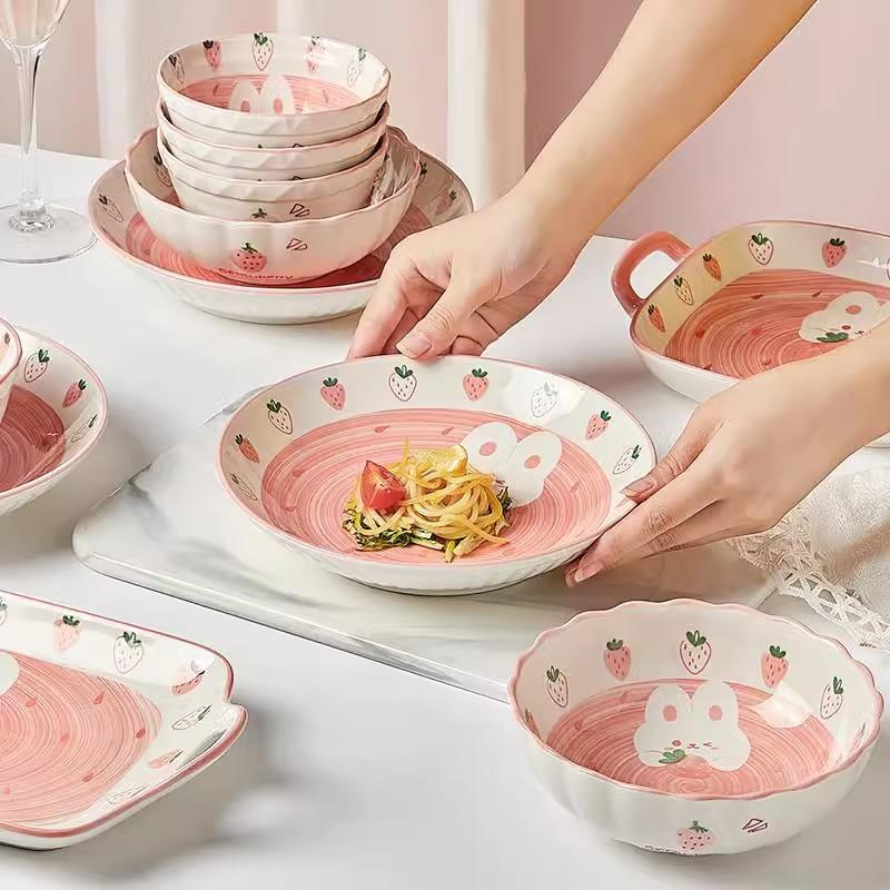 Ceramic Rice Bowl Home Eating Bowl Strawberry Rabbit Small Bowl Plate 5 Inch Tableware Cute Salad