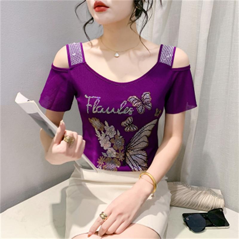 Fashion Women’s Mesh Bling Butterfly T-Shirt Clothes Sexy Off Shoulder Luxury Hot Diamonds Tops Summer Short Sleeve Female Tees Blouse
