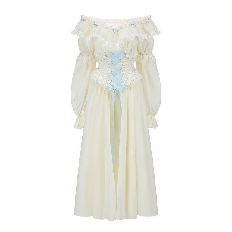 

Lacemade Голубая гортензия Французский стиль Платье феи С открытыми плечами Белое длинное платье Кружево Юбка «рыбий хвост» Длинный рукав White(In stock) XS