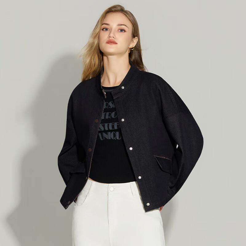 TaTu Women's Loose Fit Stand-Collar Denim Jacket