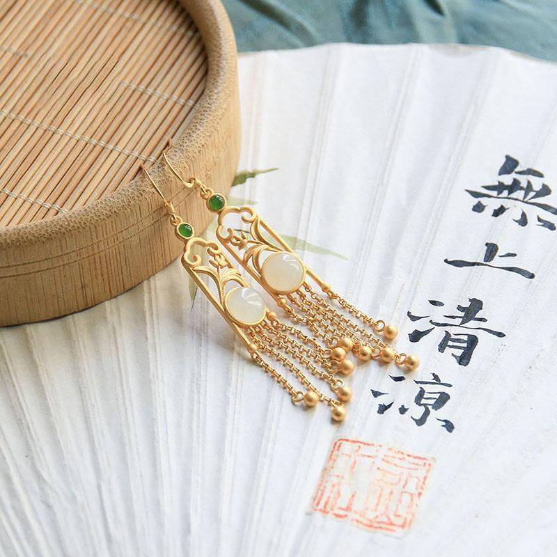 New Design Natural Hetian White Jade Round Magnolia Fringed Long Earrings Chinese Bright Retro Ladies Brand Jewelry