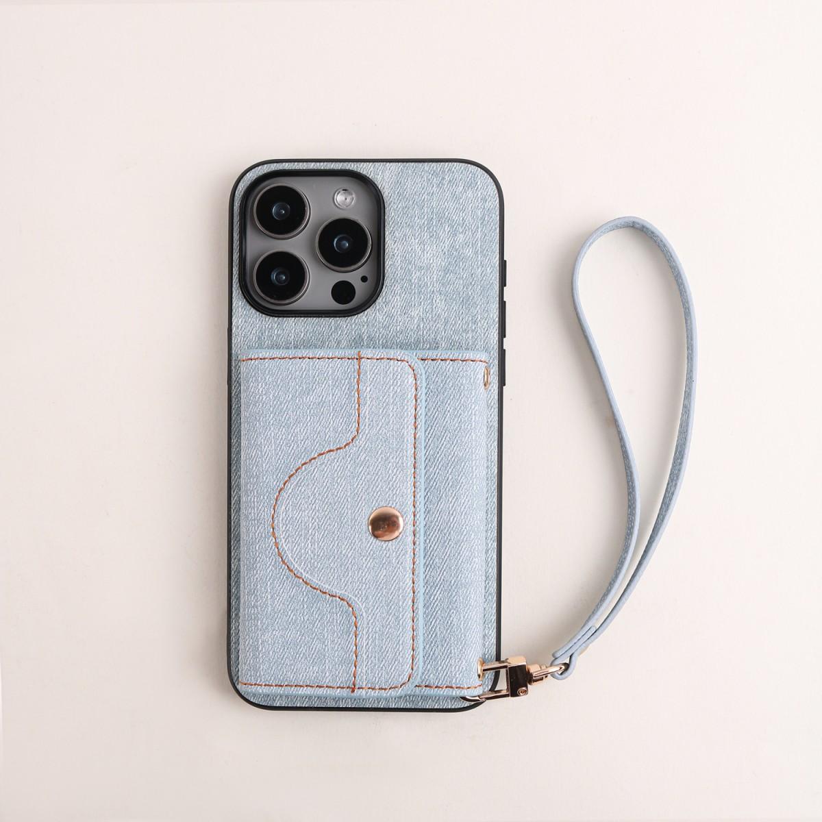 

Denim Textured TPU+PU Leather Case for iPhone 12 13 14 15 11 16e Pro/Plus/ProMax Fashionable and Simple Rope Hanging Mirror Card for iPhone 13pro