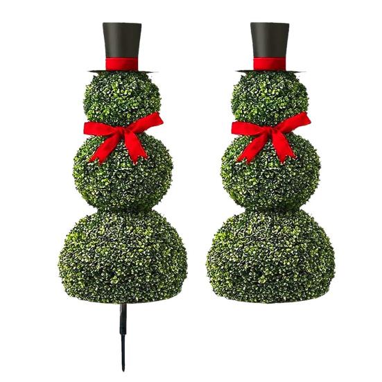 Christmas Snowman Topiary Artificial Snowman Shaped Topiary Tree Pot with Red Bow Santa Hat for Indoor Outdoor Home Porch Yard Holiday Decor