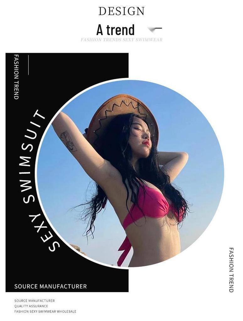 Rose Red Three-Piece Swimsuit Bikini with Underwire for Small Chest