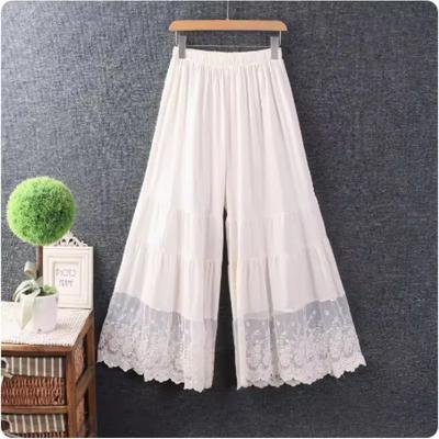 Pantalones Anchos de Algodón y Lino Fresco de Color Sólido para Mujer, Cintura Elástica, Empalme de Encaje, Pantalones Base
