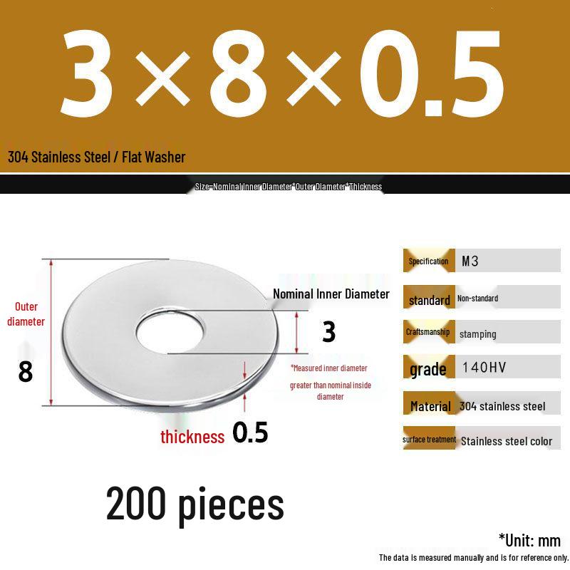 304 Stainless Steel Thickened Flat Washer Set, Sizes 2-36
