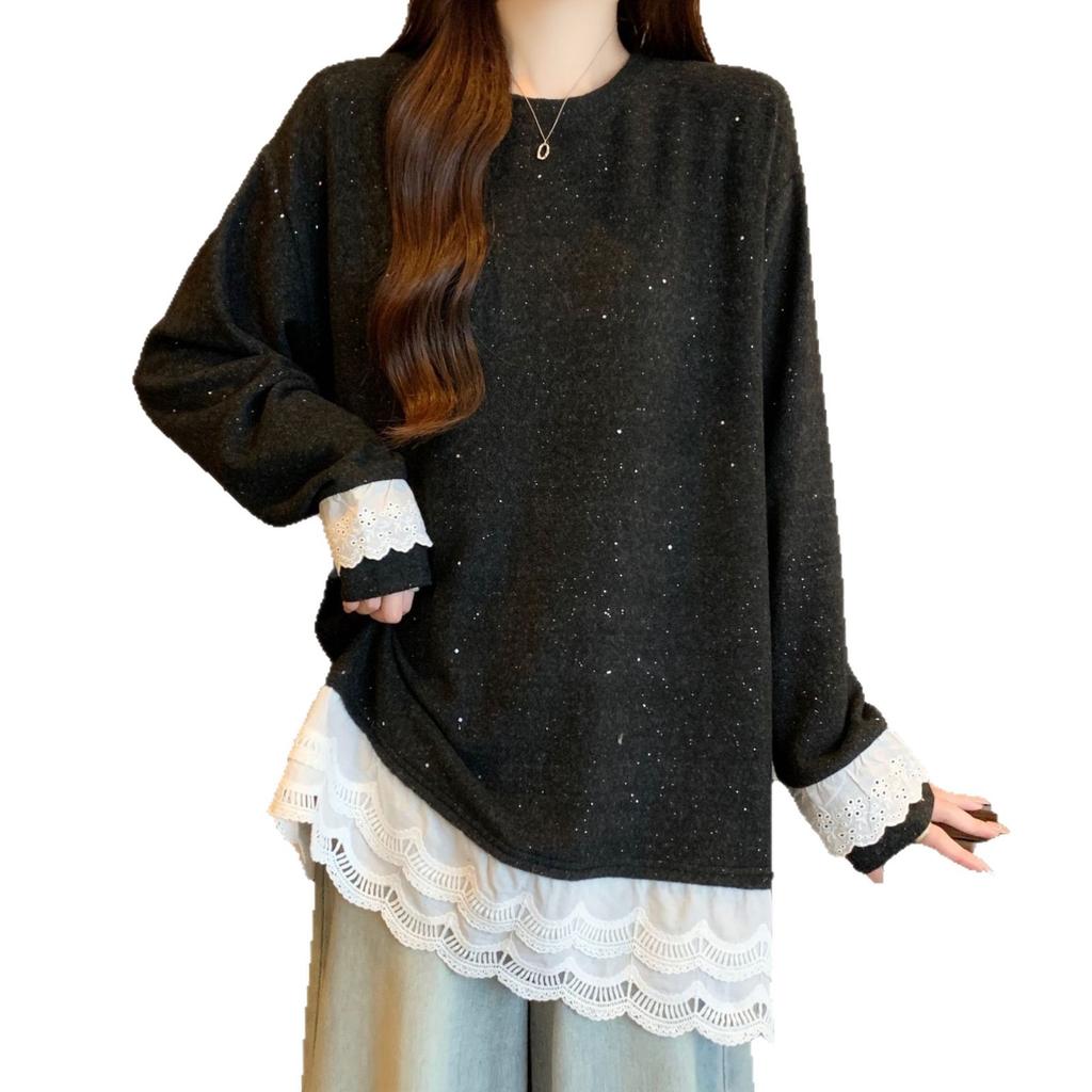 Large size German velvet lace splicing long-sleeved t-shirt for women's autumn and winter new fat mm loose and thin meat-covering top