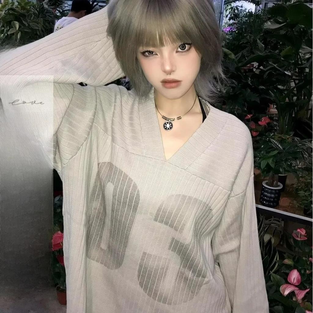 STREETRICH Retro American Loose Knitted Long Sleeve V-Neck Sweater Digital Print Versatile Top Trendy Fashionable Polyester Fiber