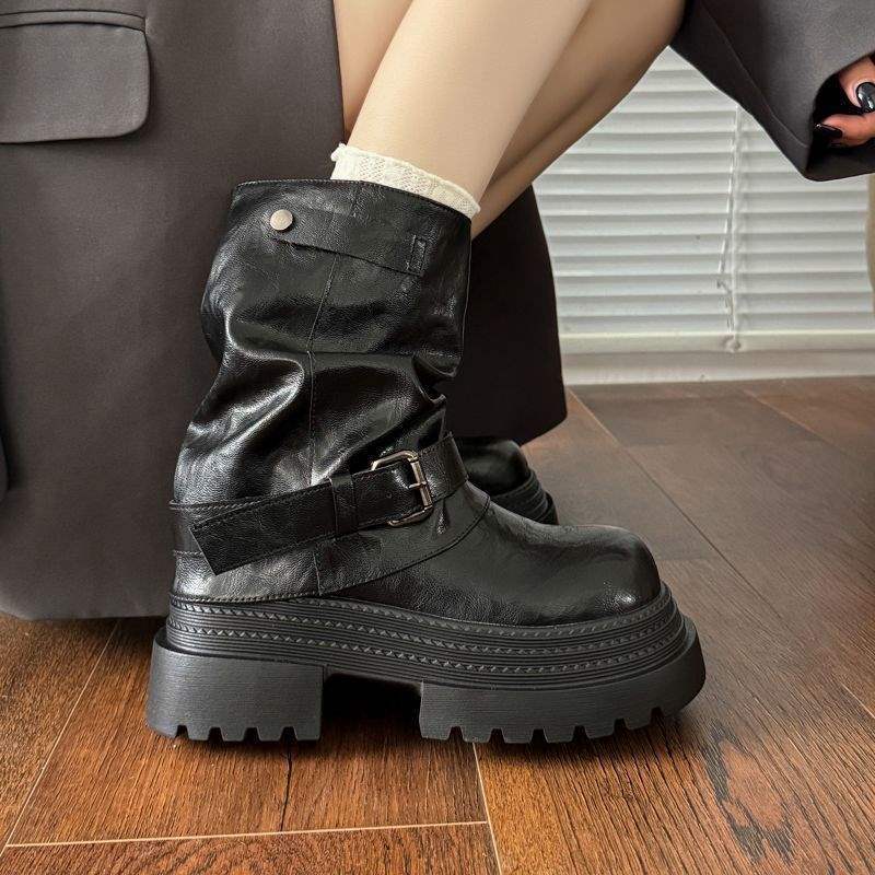 Thick-soled Maillard medium tube short boots for women 2025 new British style retro fashion pleated Martin boots autumn women