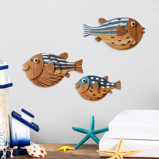 3 Pezzi Pesci in Legno Decorazione Murale Nautica da Spiaggia, Scultura Murale Rustica di Pesci Sospesa per Casa sul Lago, Stanza dell'Oceano, Bagno, Camera da Letto
