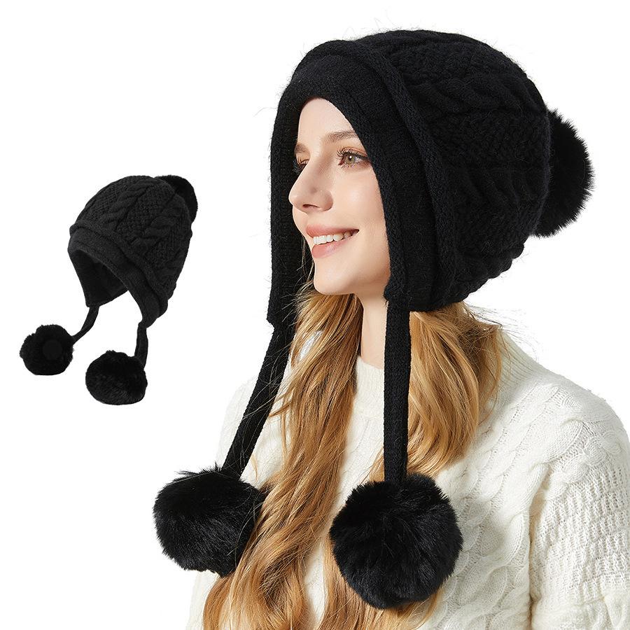 Women's Winter Thick Ear Protecting Three Hair Ball Rabbit Hair Knitted Hat Outdoor Riding Warm Hat