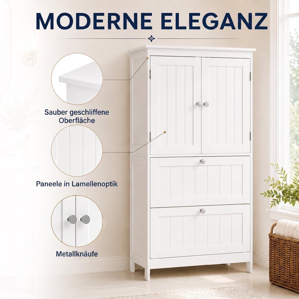 Bathroom Cabinet with 2 Drawers, Free-standing, with Adjustable Shelf and Doors In Slatted Look, White