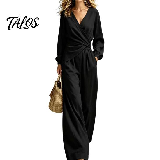 Lässiges Damen-Outfit, Damen-Langarm-2-Teiler-Sets, Oberteil mit unregelmäßigem Saum und V-Ausschnitt, Anzug aus Polyesterfaser und passende Wide-Leg-Hosen für Reise und Urlaub