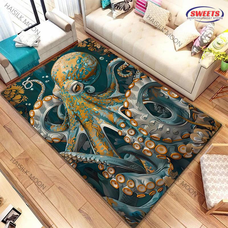 Dywan z nadrukiem o tematyce ośmiornicy olbrzymiej Nowość! Wytrzymałe do salonów, sypialni, biur, trwałe maty do prania w pralce