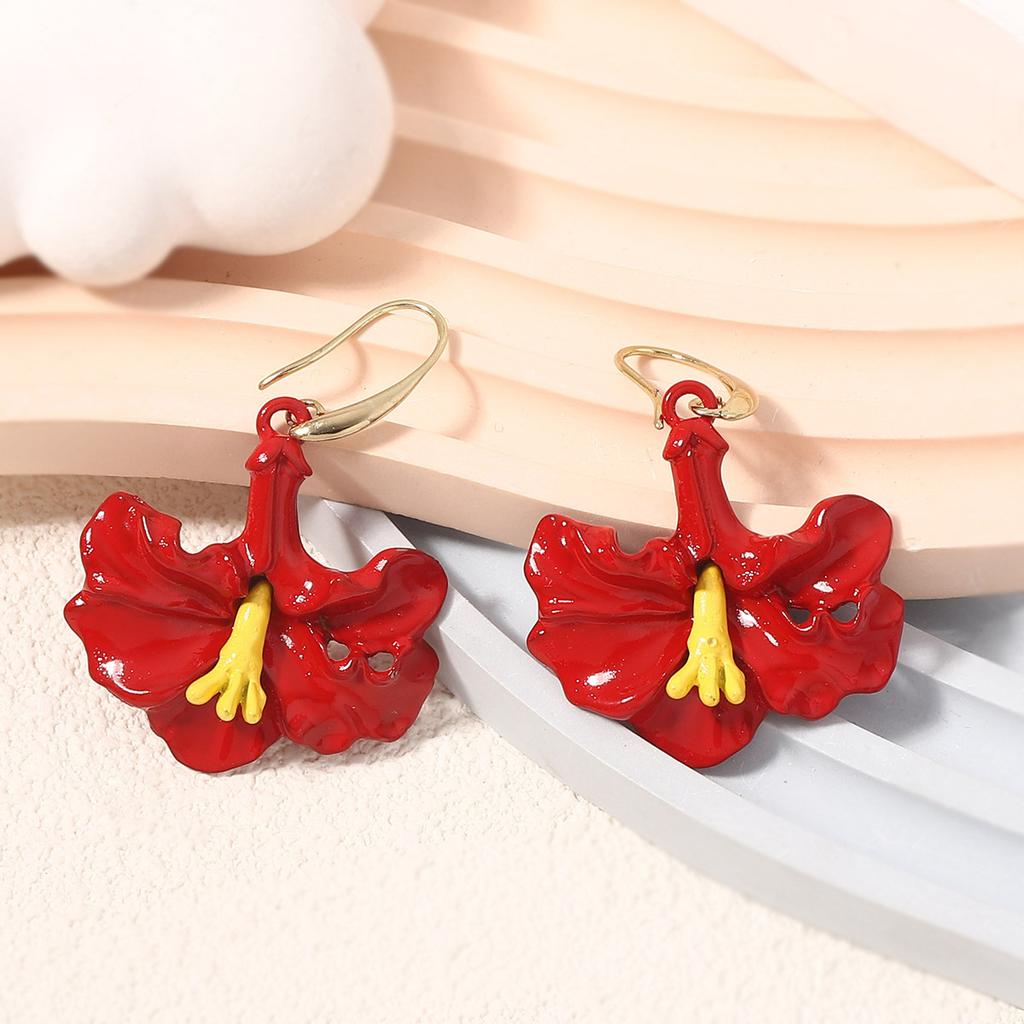 Personalized Creative Design Sense Bohemian Red Alloy Dripping Oil Morning Glory Flower Ear Hook Simple and Versatile