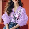 VONDA Women Summer V Neck 3/4 Sleeve Floral Print Smooth Casual Blouse Tops