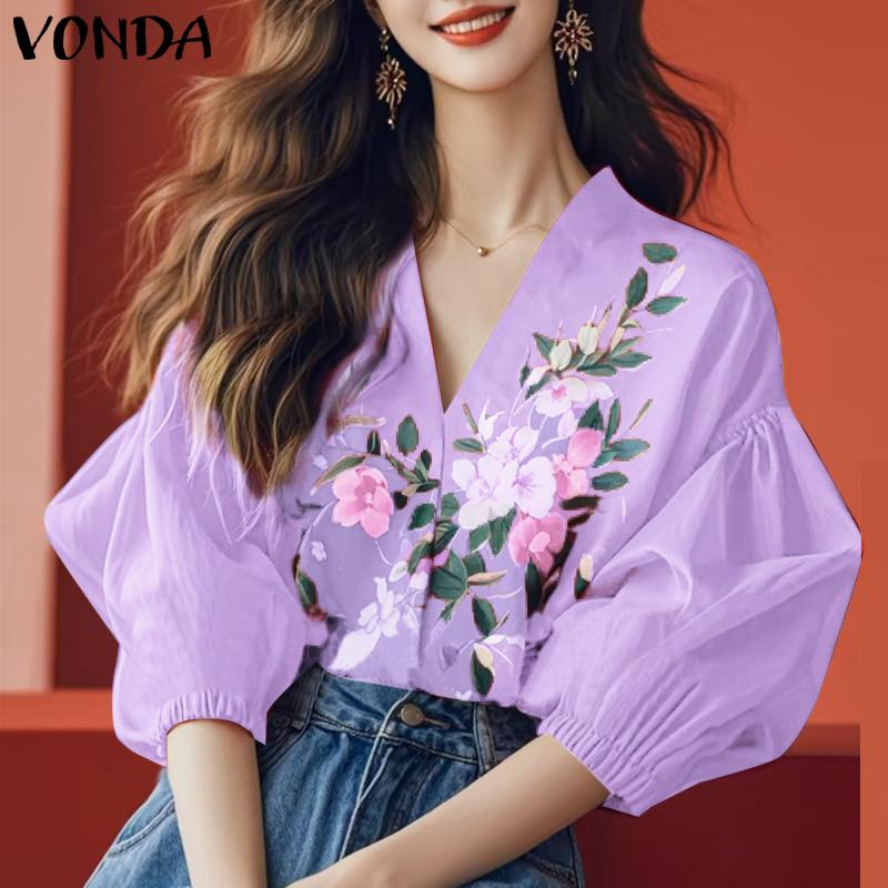 

VONDA Women Summer V Neck 3/4 Sleeve Floral Print Smooth Casual Blouse Tops 4XL фиолетовый