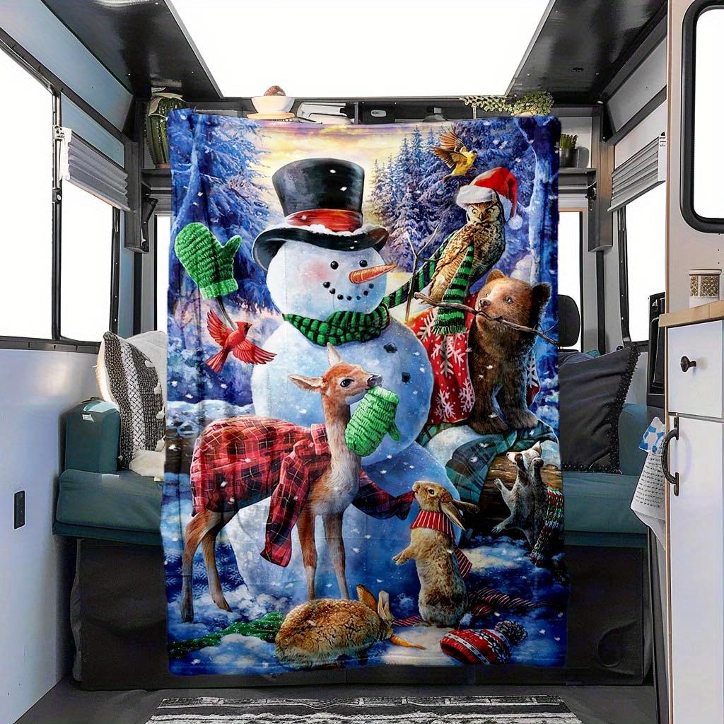 

Рождественский плед с рисунком снеговика и животных - Мягкий уютный всесезонный полиэстер для дома и улицы, подарок для семьи или друзей 80x60in