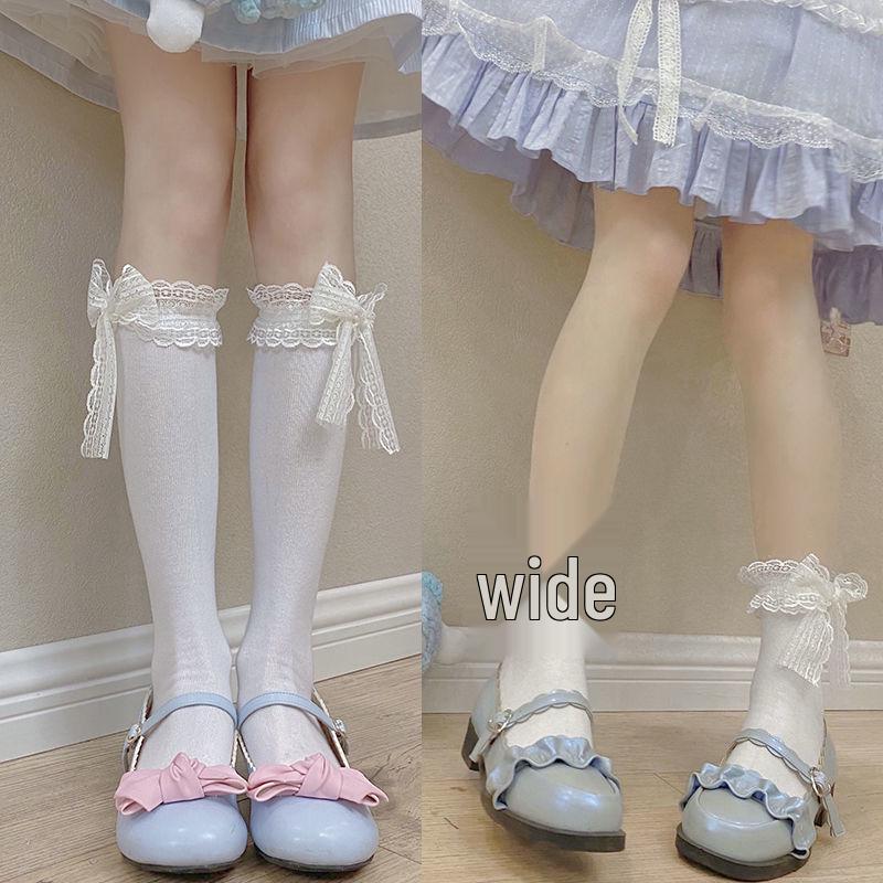 Japanese Lolita Soft Lace Mid-Tube Socks: Breathable Bow-Design Calf Socks for Women