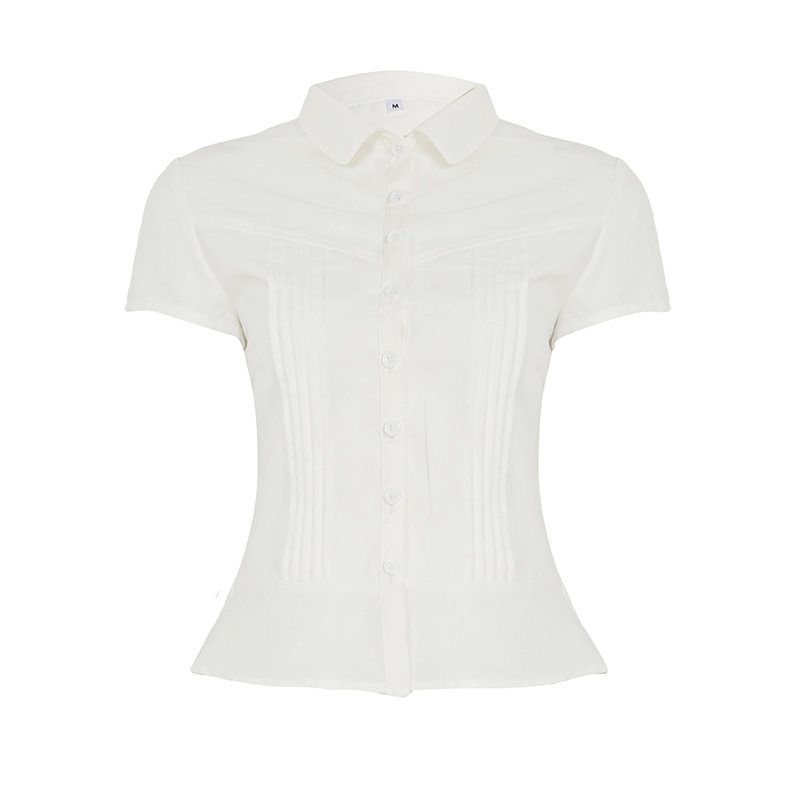 

Summer Pleated Lapel Button-Up Solid Color Short-Sleeve Shirt Sweet Girly Fashion Waist-Cinching Slim-Fit Short Top for Women White S
