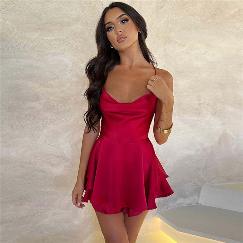 

European and American Sexy Sling Open Back Satin Dress Short Skirt Female Sexy Satin Strap Mini Dress Red M