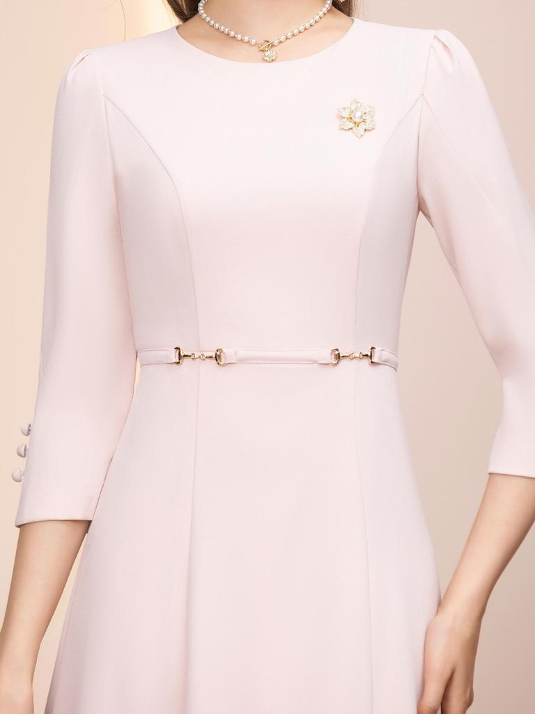 ZhiLi Elegant Spring 2026 A-Line Dress - Unique Three-Quarter Sleeve, Waist-Cinched Design