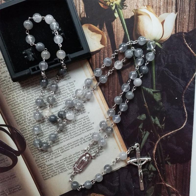 Vintage Religiöse Katholische Kreuz Rosenkranz Halskette Perlen Heilige Figur Jesus Hängen Anhänger Jesus Rosenkranz Halskette Für Frauen Männer