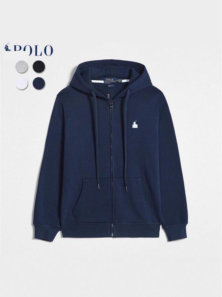 Men's Autumn/Winter Ralph Lauren Embroidered Logo Hooded Sweatshirt with Velvet Lining and Zipper.