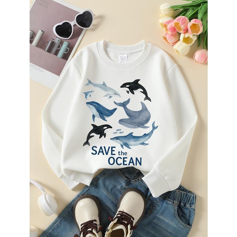 Girls' Crewneck Sweatshirt Whales Dolphins Fish Ocean Save Life Machine Washable, Spring And Autumn, Sportswear And Casual Wear