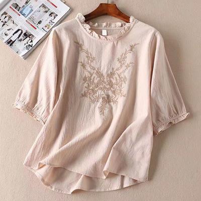 Asian Size Cotton Linen Blouse Summer Short Sleeve T-shirt for Women Artistic Embroidery Ruffled Edge Lantern Sleeve Tops