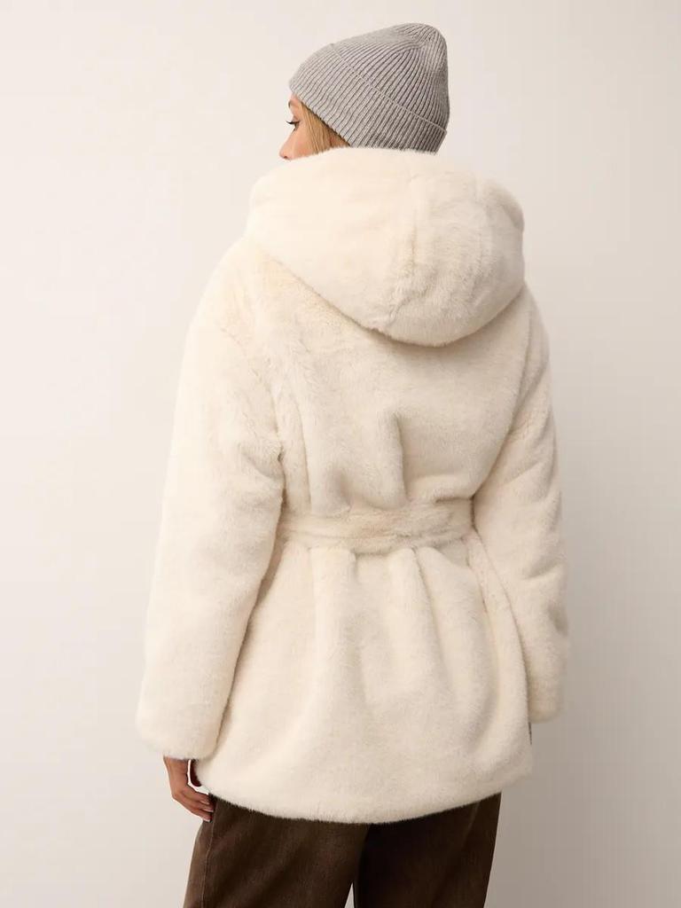 Women's Mid-Length Hooded Eco-Friendly Faux Mink Fur Coat with Belt