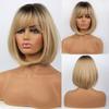 Womens Short Bob Wig With Bangs Gradient Gold Synthetic Hair Daily Use