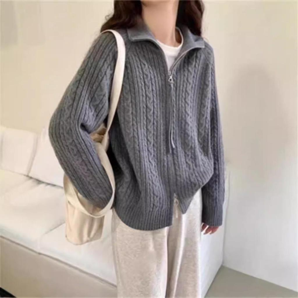 Korean Style Raglan Sleeve Double Zipper Knit Cardigan - Women's Loose Autumn Sweater