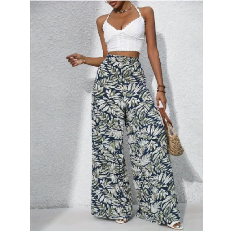 Women's Bohemian Floral Print Wide-Leg Pants High Waist Trousers for Spring and Summer