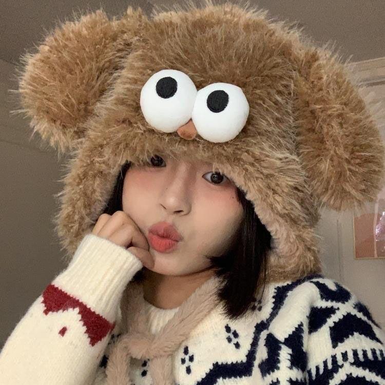 Autumn and winter cartoon student ear hats children cute thickened warm versatile big eyes plush hat cover