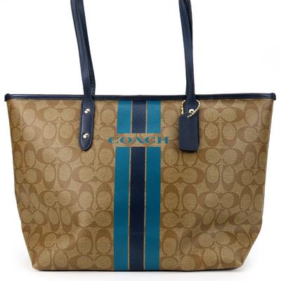 Brugt Tote Taske F38405 Varsity Stripes Signatur læder/PVC-belagt lærred khaki Navy Skulder