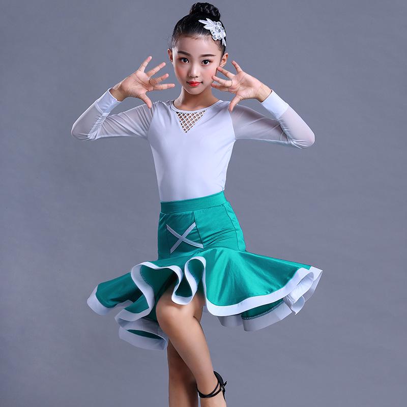 Girls' Exam Grade Latin Dance Costume Set - Long Sleeve Jumpsuit with Skirt for Autumn Practice
