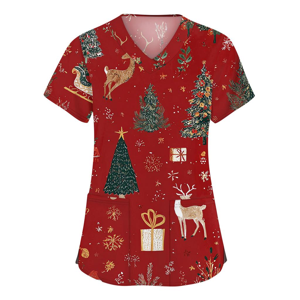 Women's Fashion V-neck Short Sleeve Workwear With Pockets Christmas Printed Tops