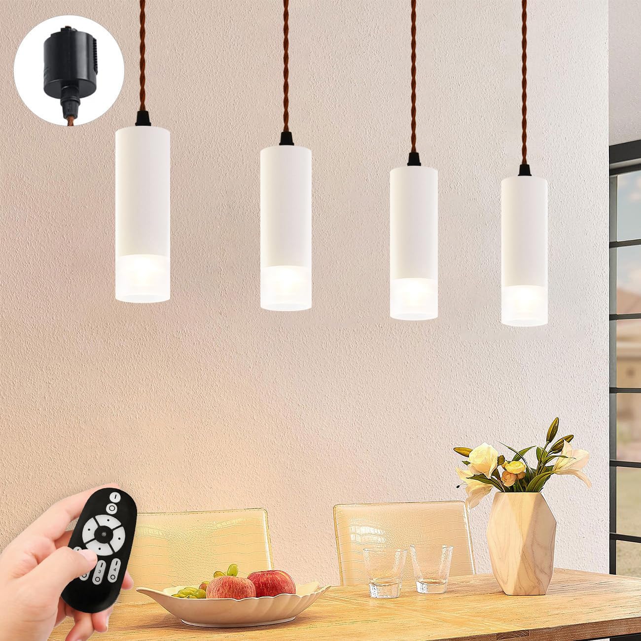 

LVWIT Set of 4 60W Equivalent Pendant Lights for Duct Rails, Stepless Dimming, Color Adjustment, Remote Control, 100cm Adjustable, Daylight, Neutral